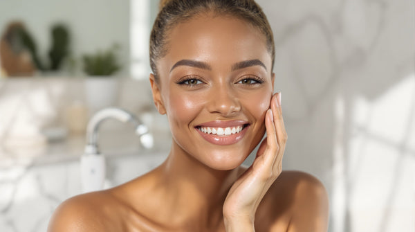 Woman with clear healthy skin gently touching her cheek after at-home microneedling treatment for acne scars using the Petal Micro Infusion System