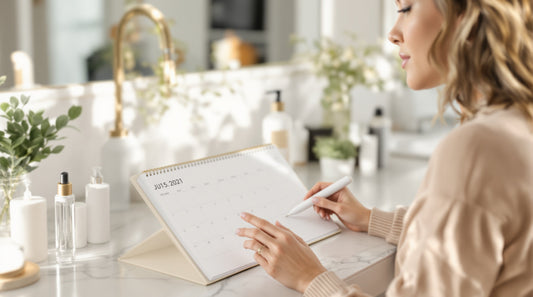 Woman checking her skin in the mirror between at-home microneedling sessions with Petal Micro Infusion System — optimal treatment frequency guide