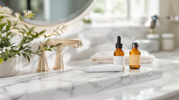 At-home microneedling safety guide with derma pen device and serum on marble vanity in morning light
