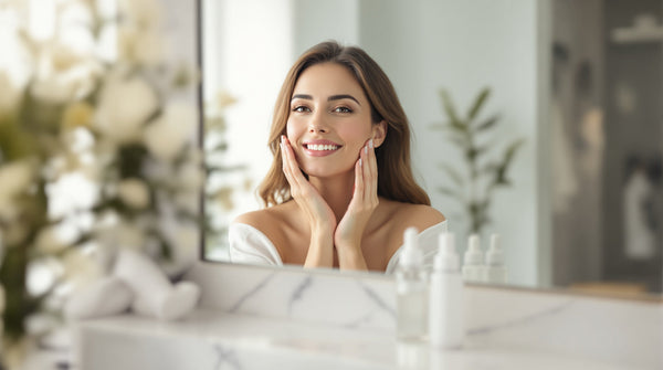 Woman touching her cheek with smooth skin after at-home microneedling treatment for wrinkles using the Petal Micro Infusion System