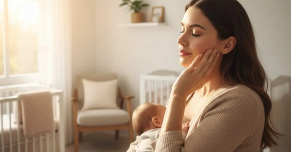 Breastfeeding mom with radiant skin exploring safe microneedling for postpartum skincare.