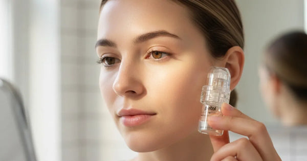 Woman using Petal Micro-Infusion System at home for healthy glowing skin