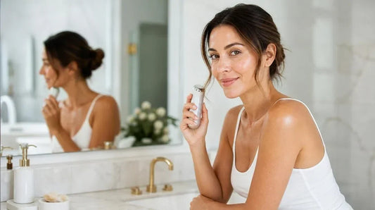 woman at vanity using at-home micro-infusion skincare device - Secret RF alternative 2026