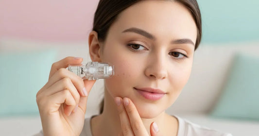 Woman using Petal Micro-Infusion System at home to hydrate and repair skin