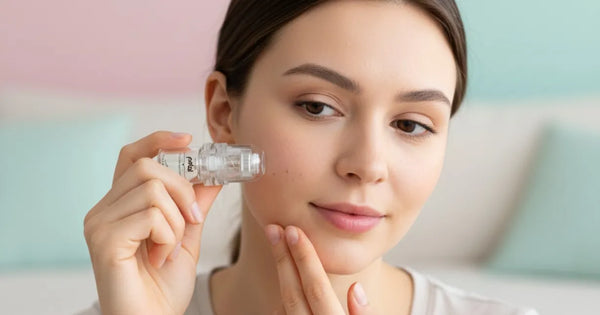 Woman using Petal Micro-Infusion System at home to hydrate and repair skin