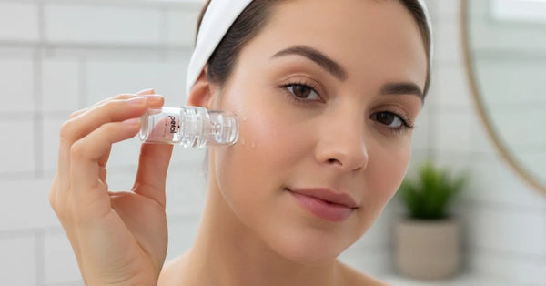 Woman using Petal Micro-Infusion System at home for acne scar treatment