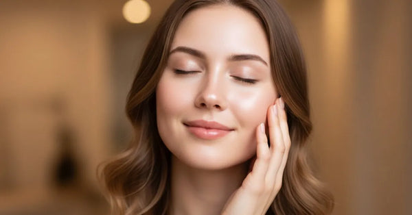 Young adult with glowing skin naturally healing acne scars using Petal micro-infusion