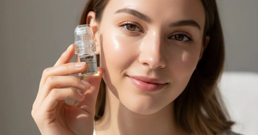 Young woman using a micro-infusion device, highlighting healthy skin care and glowing complexion.