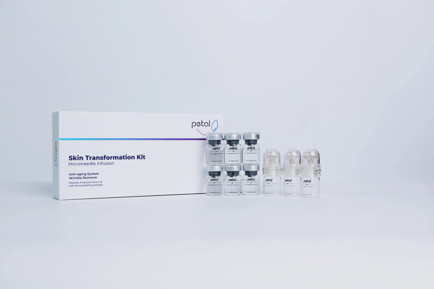 A Petal Micro Infusion System product, including a box and multiple vials, displayed against a white background.