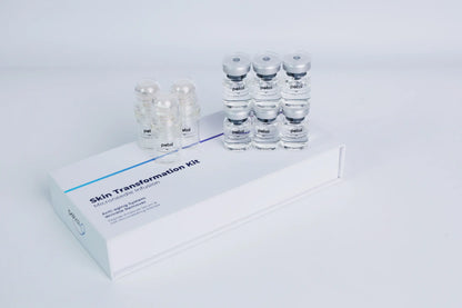 A skincare product kit including multiple vials and a white box with the text 'Petal Micro Infusion System'.