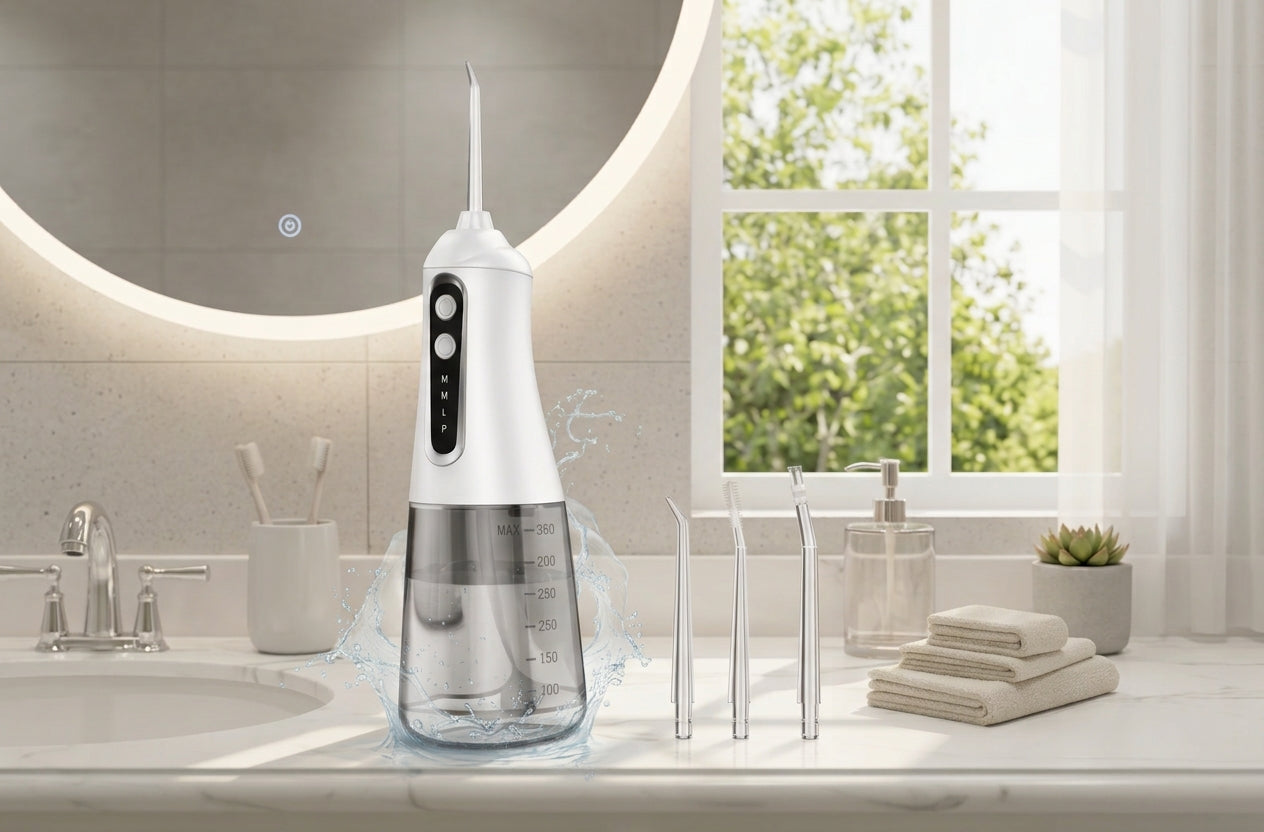 A white and clear oral irrigator water flosser stands on a bathroom counter in a bright, modern bathroom setting with a sink, mirror, window, folded towels, and toothbrushes visible.