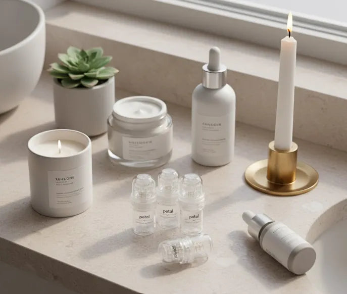 Cosmetic products, including the Petal microneedling device, on a light surface with candles and a plant.