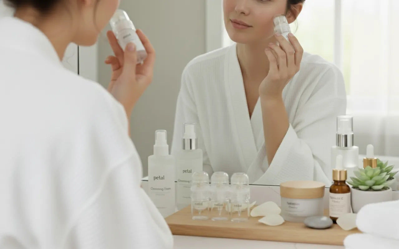 Woman applying Petal microneedling in front of a mirror with various skincare items on a table.