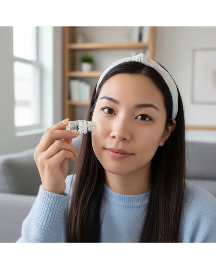 Woman holding a Petal microneedling device in a home setting