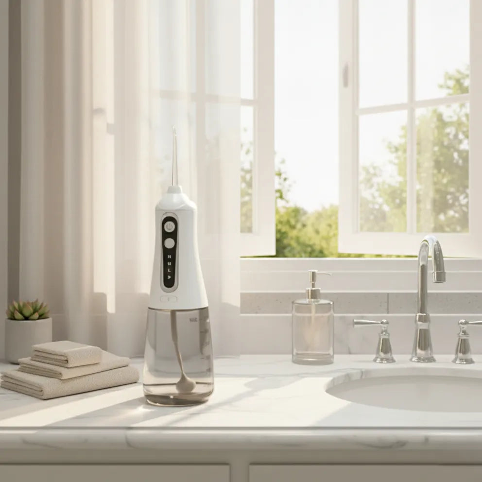White and clear water flosser on a bathroom counter with a window in the background